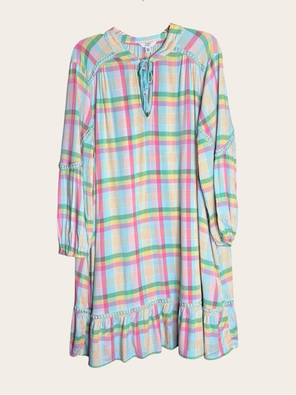 Crown & Ivy XXL Pastel Plaid Boho Dress Crochet Trim Ruffle Hem